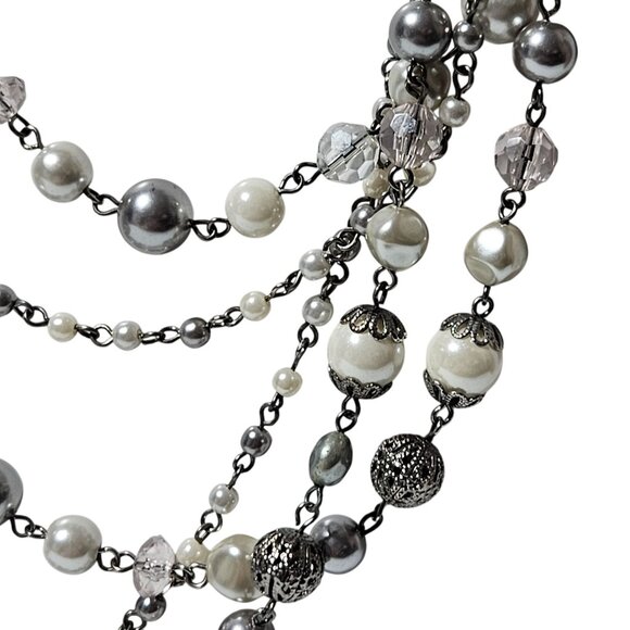 Elegant Faux Pearl Silver Beaded Multi Strand Necklace Statement Fashion Jewelry - Picture 2 of 6